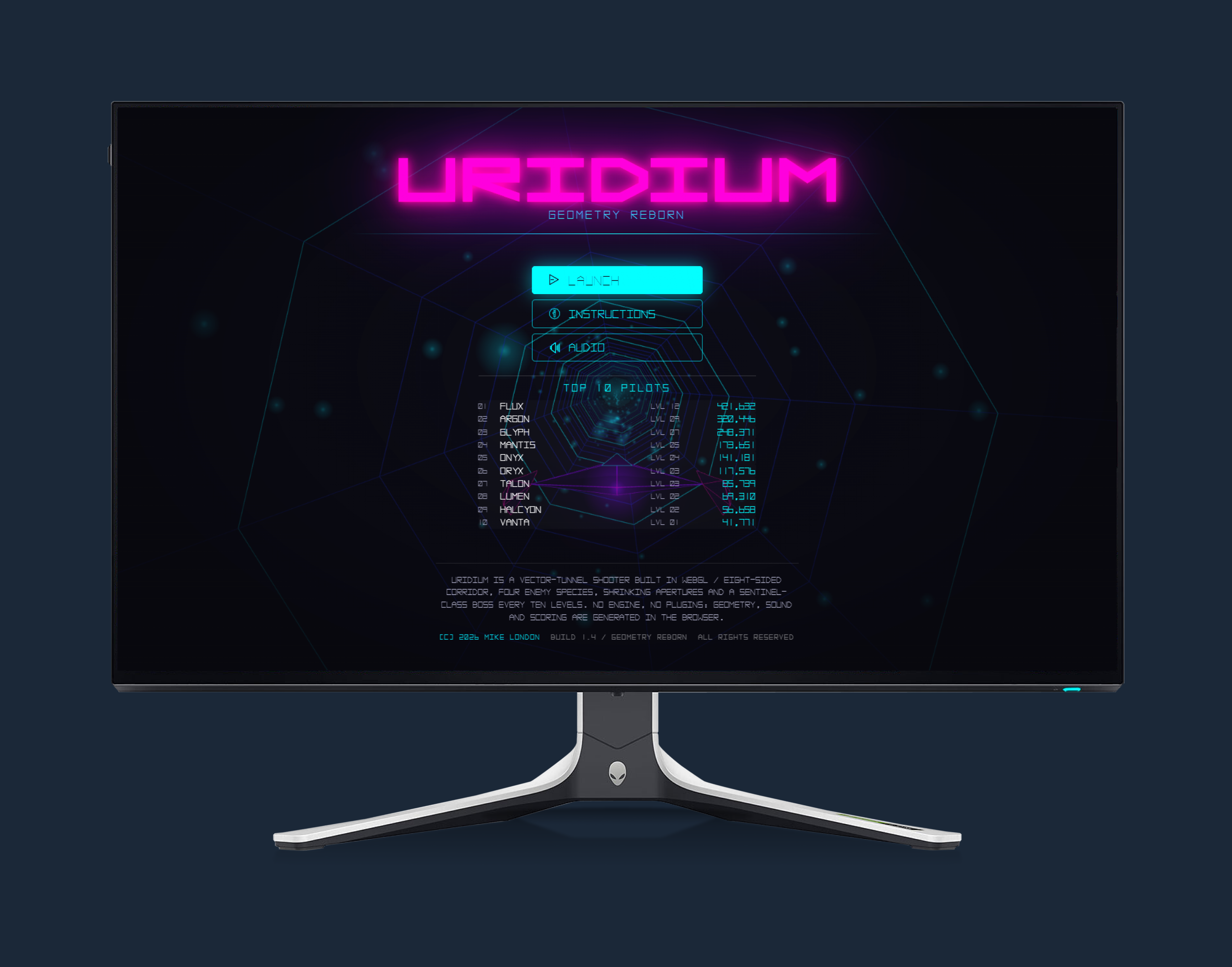 Uridium title screen with launch menu and top-10 pilot leaderboard