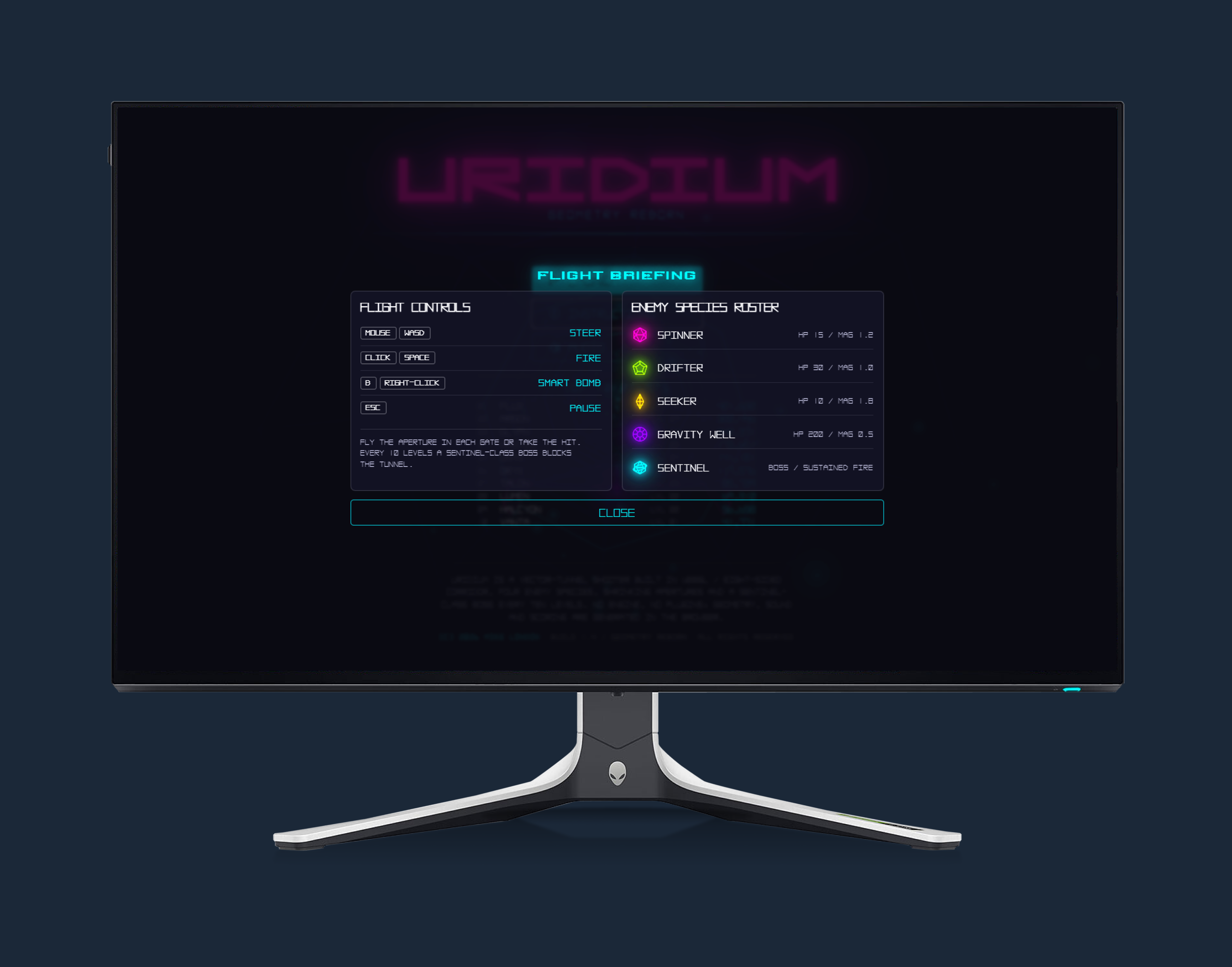 Flight briefing screen listing controls and the enemy species roster