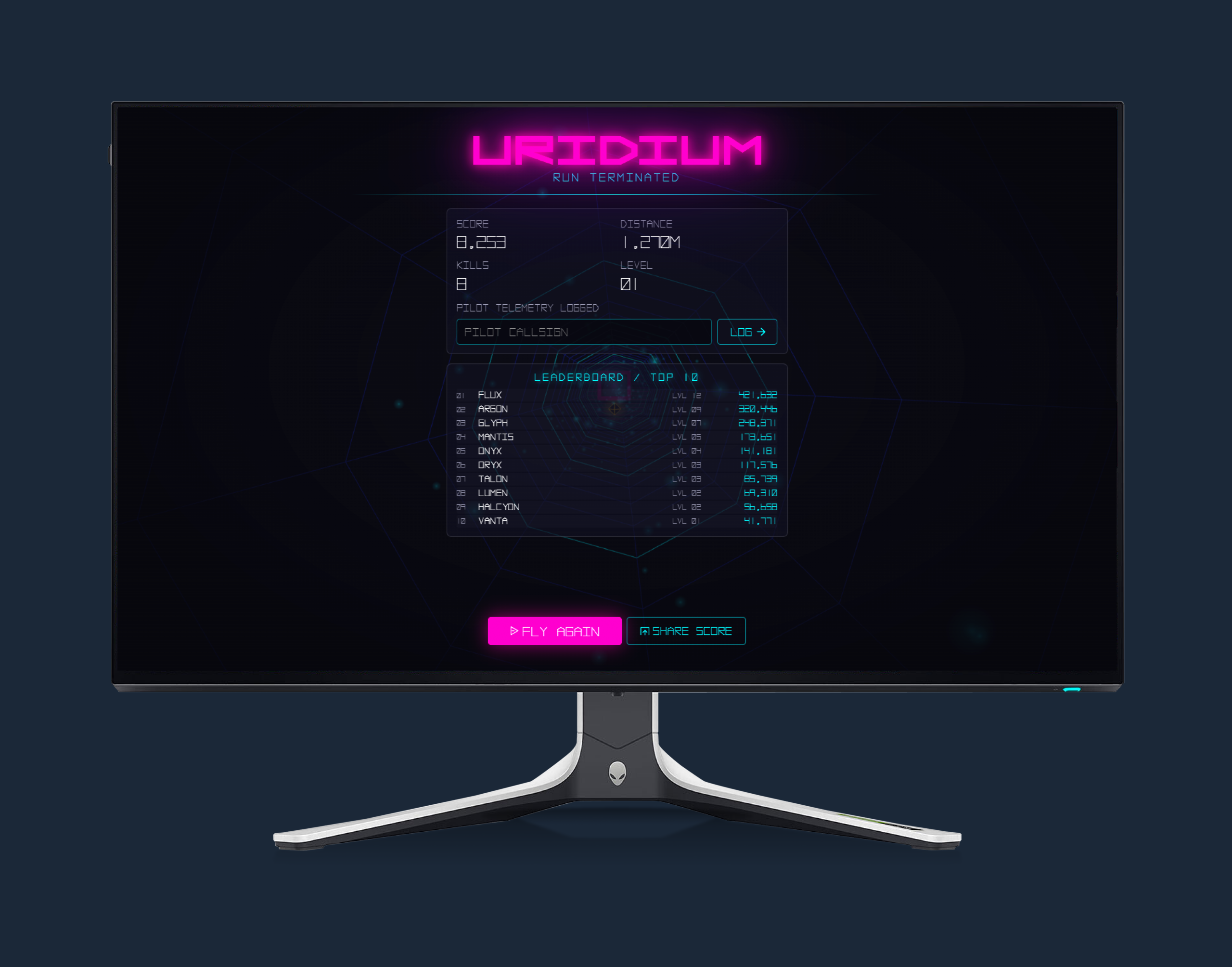 Run-terminated score screen with telemetry log and leaderboard