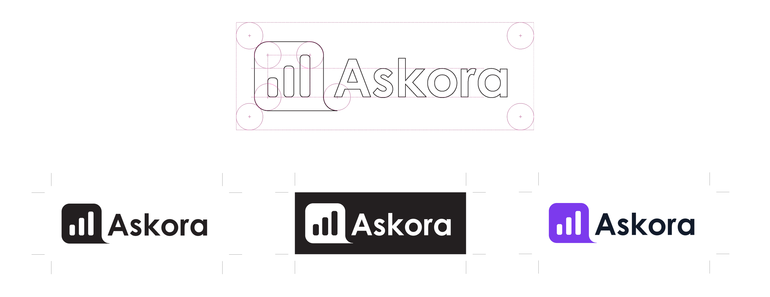 Askora brand identity showing logo construction grid and three lockup variations: black on white, white on black, and purple on white