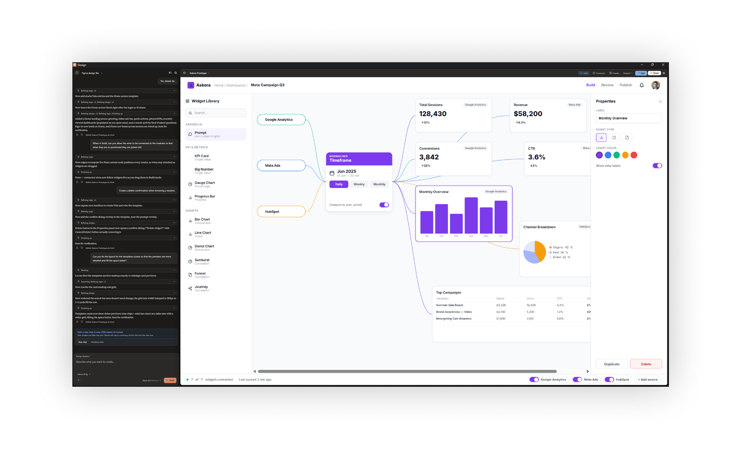 Askora designed AI-native — a Claude Design session alongside the live canvas builder