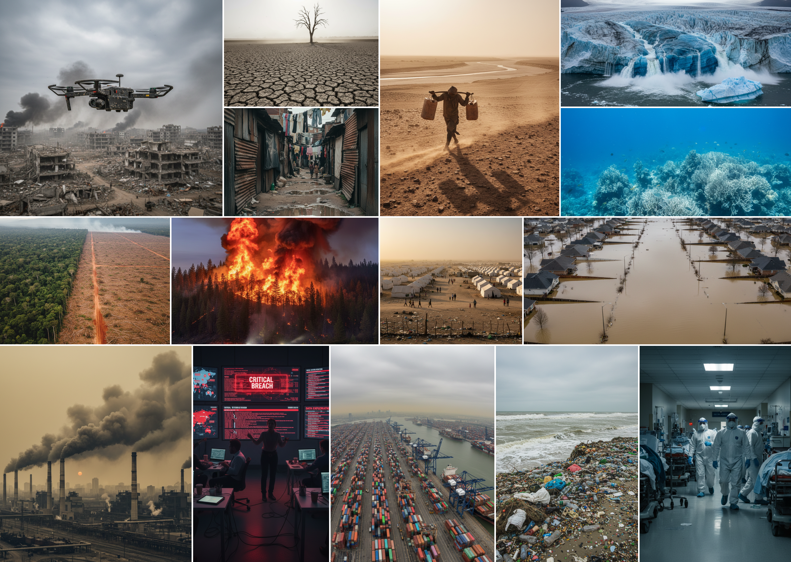 A mood board of the realities Atlas was built to track — conflict, drought, wildfire, flooding, glacial melt, coral bleaching, deforestation, ocean plastic, a cyber breach war room, port congestion and pandemic response