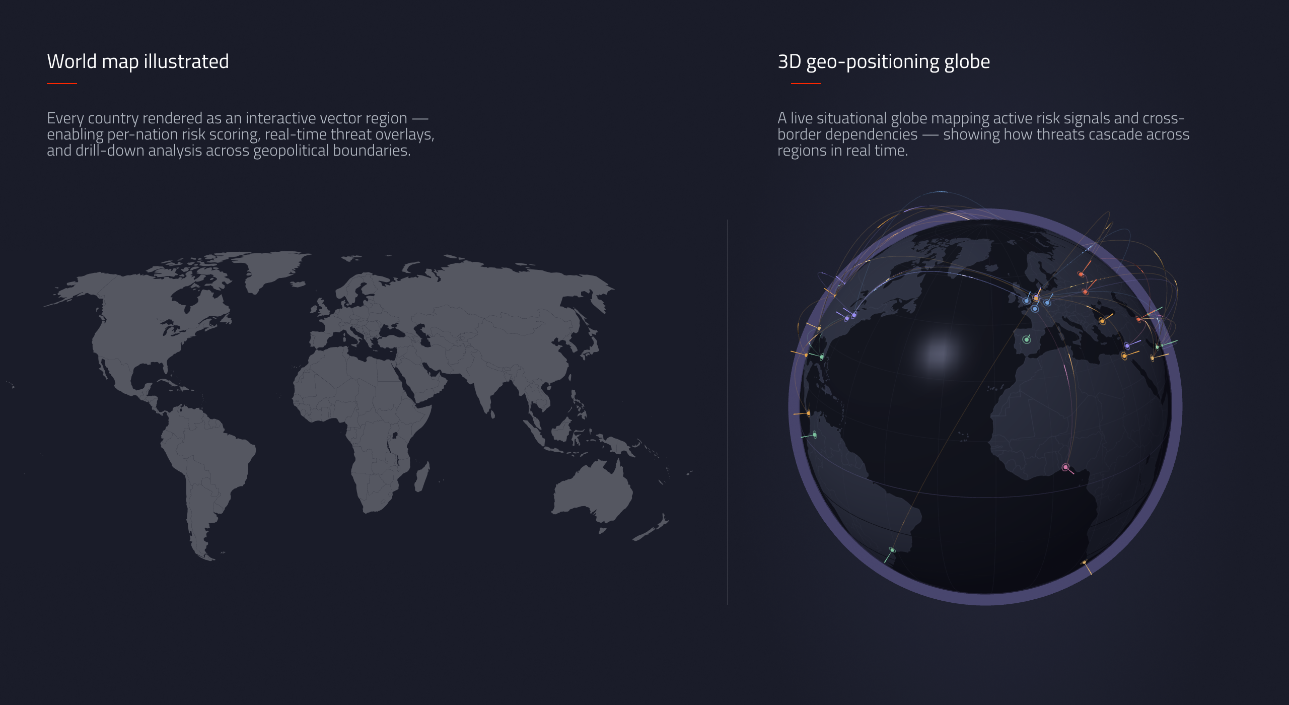 Atlas's foundational geo-model — an interactive vector world map beside the 3D geo-positioning globe used to plot cross-border risk signals in real time