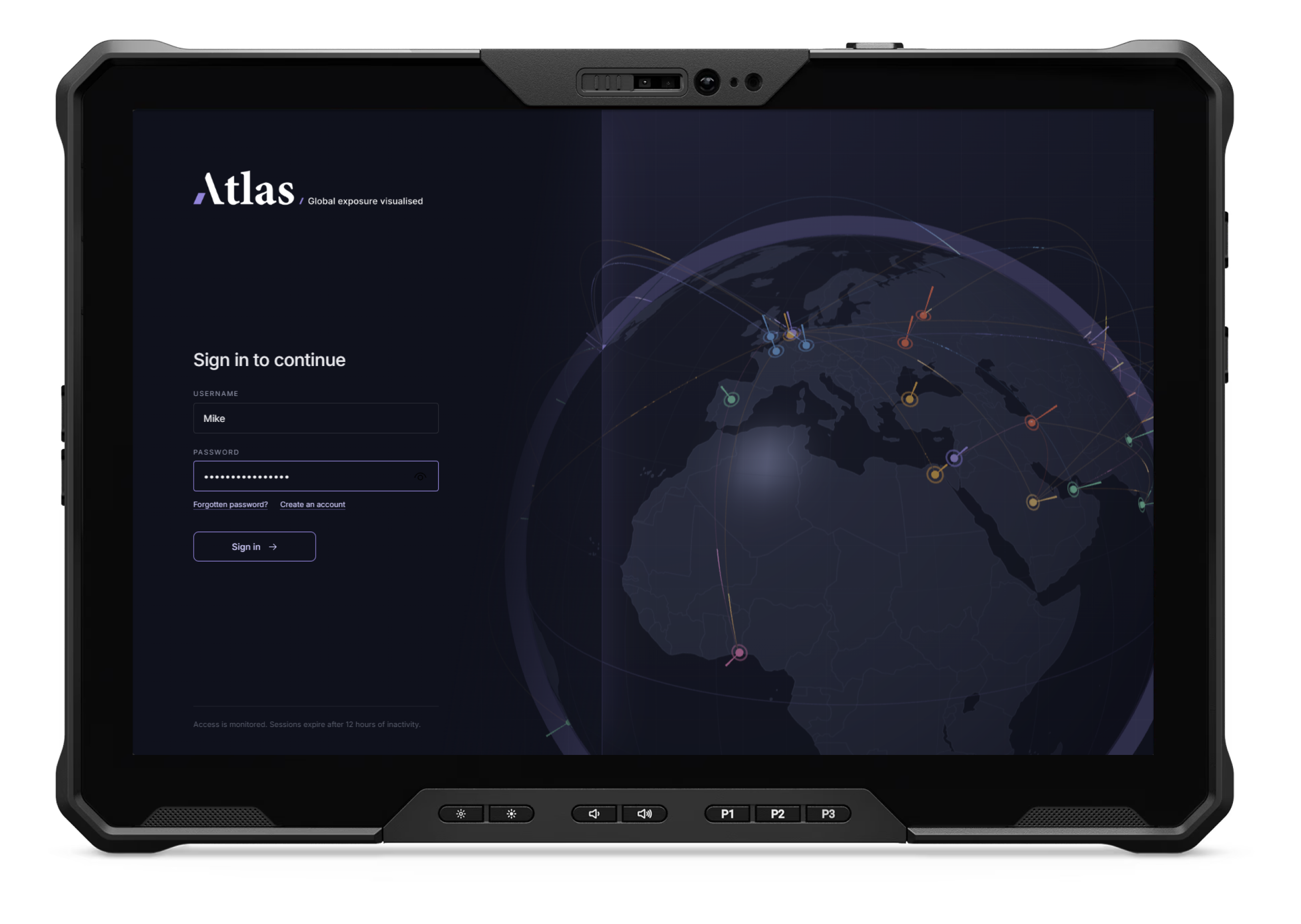 Atlas — the live exposure globe, with every tracked signal placed on the sphere, a verticals filter panel and a scrollable signal log