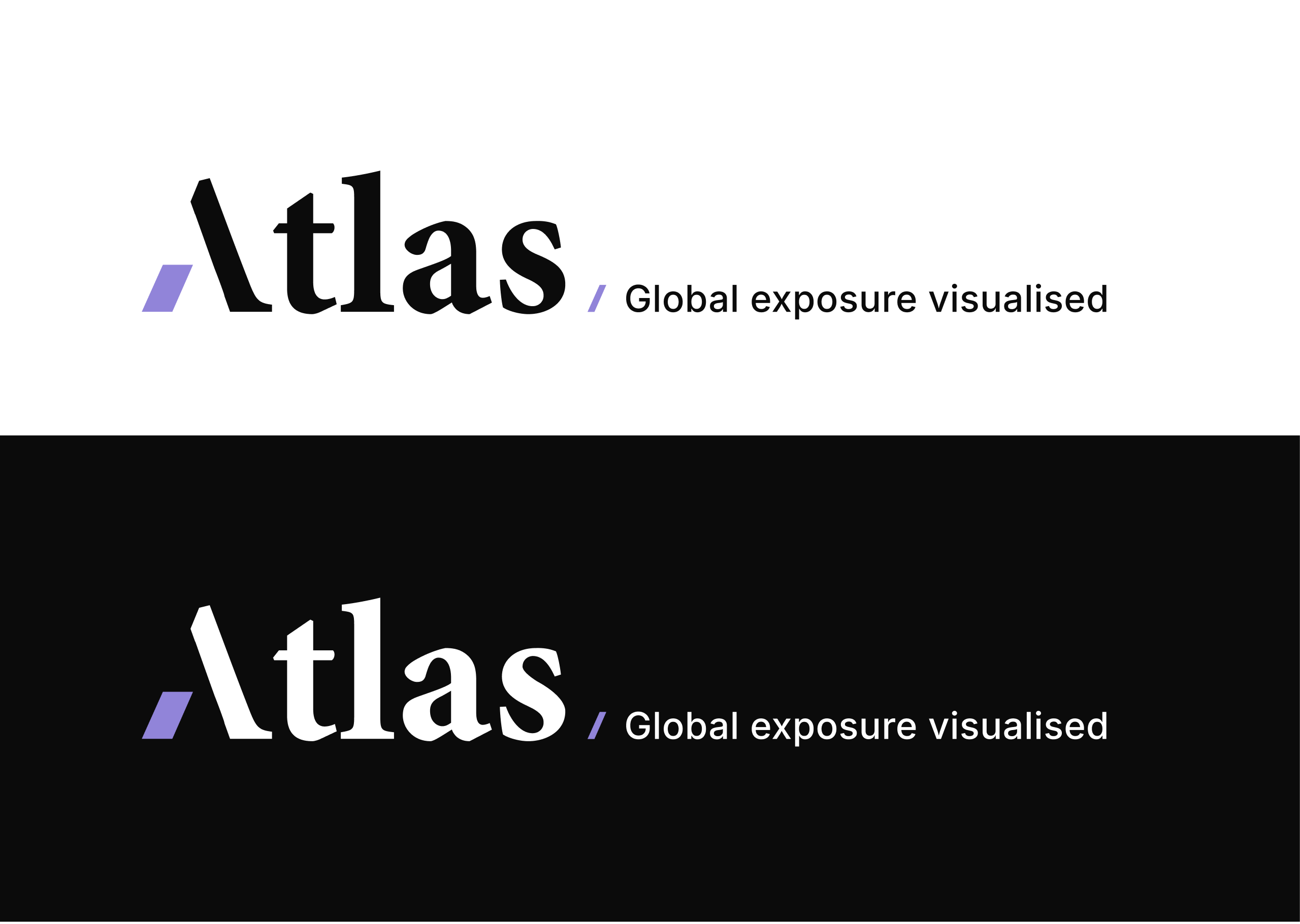 The Atlas wordmark shown on light and dark backgrounds with its tagline, Global exposure visualised