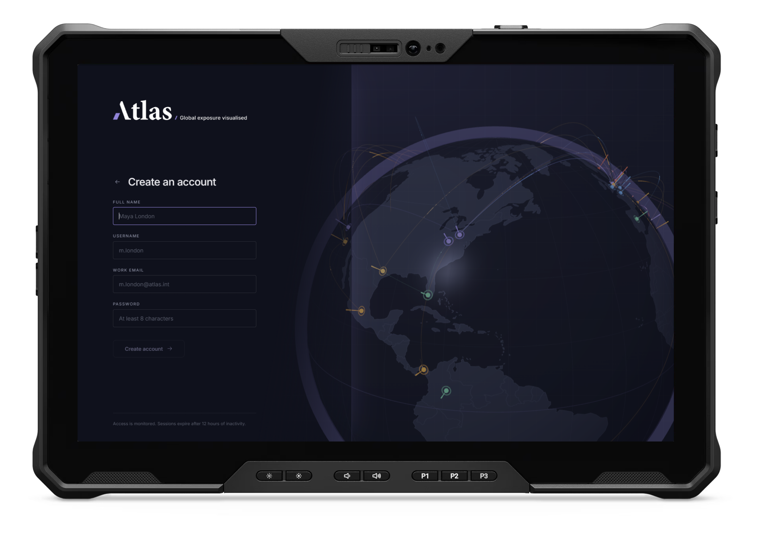 Atlas sign-in screen — a focused login form set against the live rotating globe