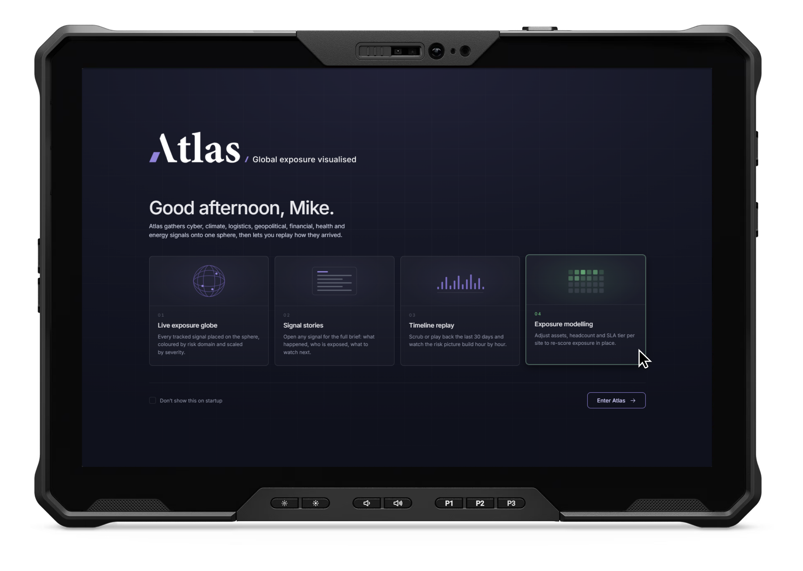 Atlas onboarding — a personalised welcome introducing the four core capabilities as cards